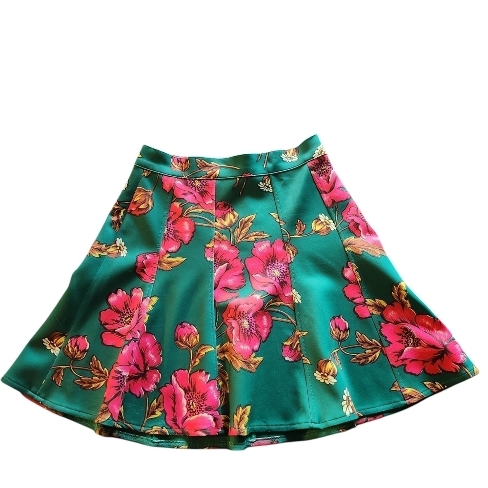 MAEVE ANTHROPOLOGIE HIBISCUS FLORAL SKATER FLARE SKIRT SZ 0 GREEN SIDE ZIP